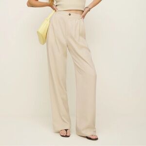 Reformation 100% Linen Oatmeal Pleated Wide Leg Trousers / Pants